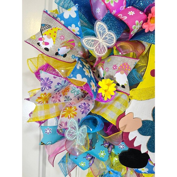 Handmade Spring/ Summer Daisy Butterfly Gnome Prelit Ribbon Wreath 22 in LED W2 - Picture 7 of 10